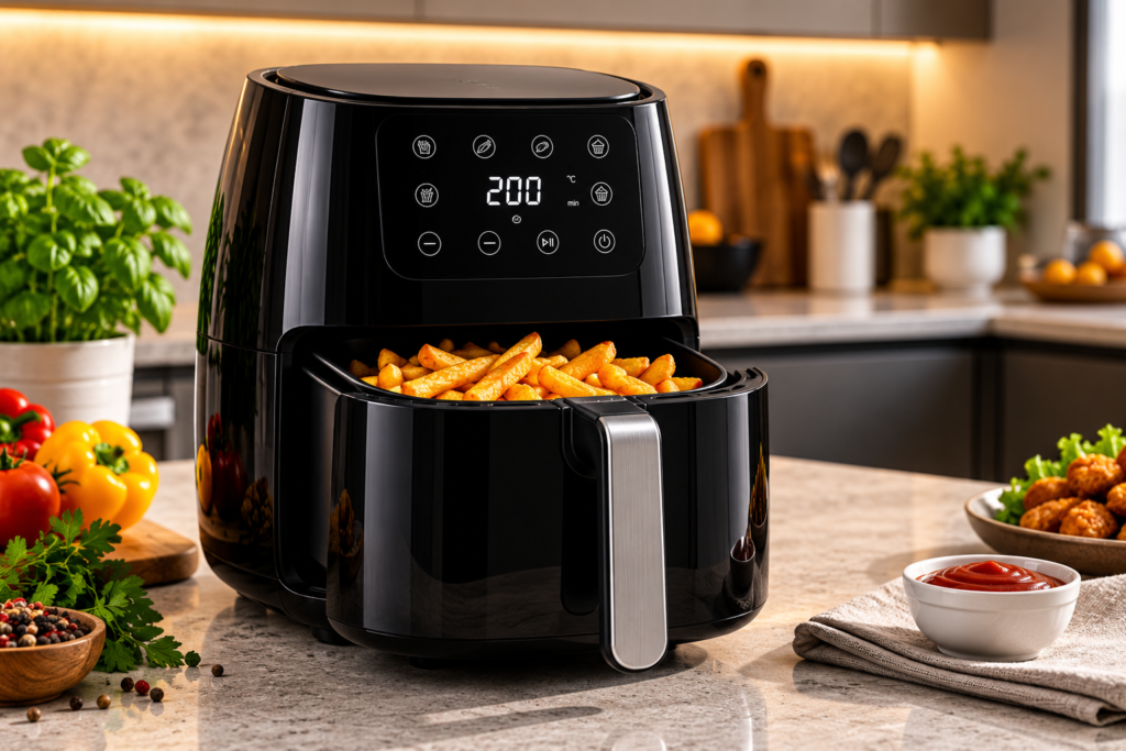 Melhores Air Fryers de 2026: Air Fryer com cesto aberto em cozinha moderna