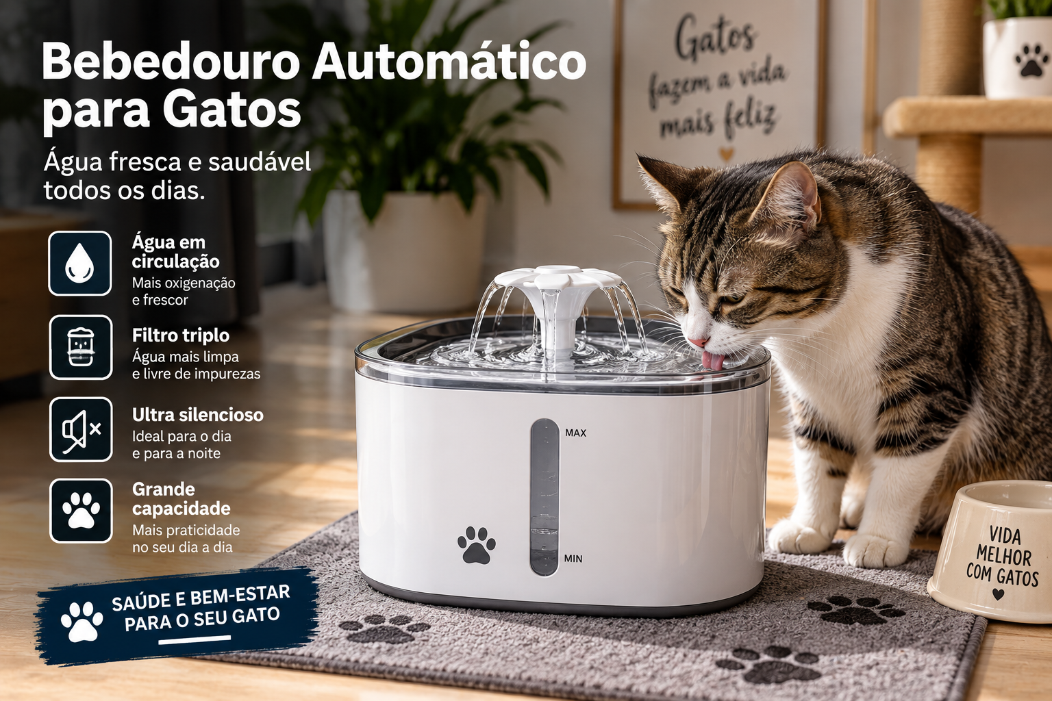 Bebedouro automático para gatos com água em circulação