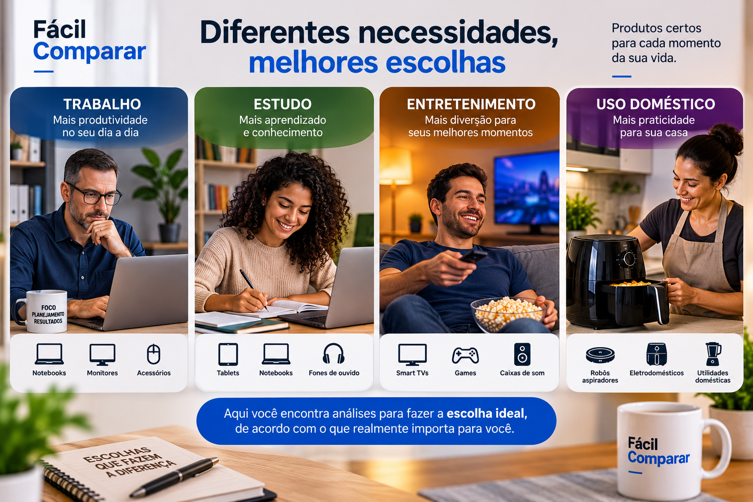 Produtos indicados para diferentes necessidades de uso