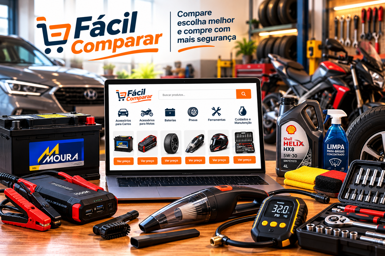 Imagem do Fácil Comparar com carro, moto, bateria automotiva, auxiliar de partida, aspirador portátil, ferramentas e produtos de manutenção automotiva.