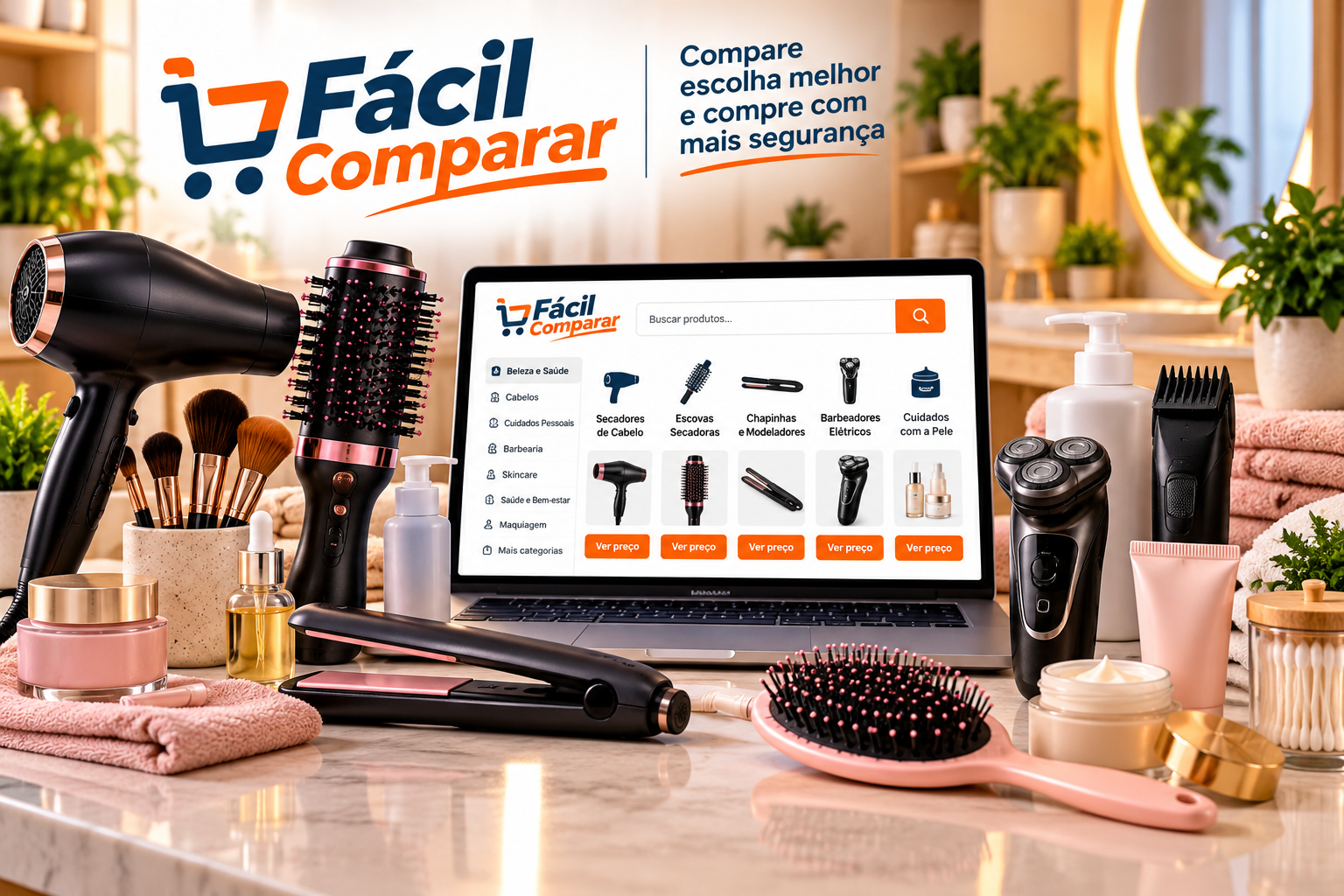 Imagem do Fácil Comparar com secador de cabelo, escova secadora, chapinha, barbeadores elétricos e produtos de beleza e cuidados pessoais.