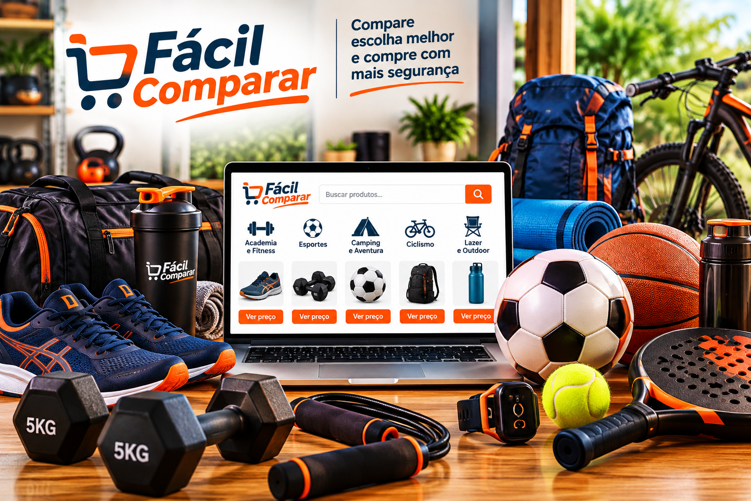 Imagem do Fácil Comparar com tênis esportivos, halteres, bolas, bicicleta, mochila e acessórios para academia, esportes e lazer.