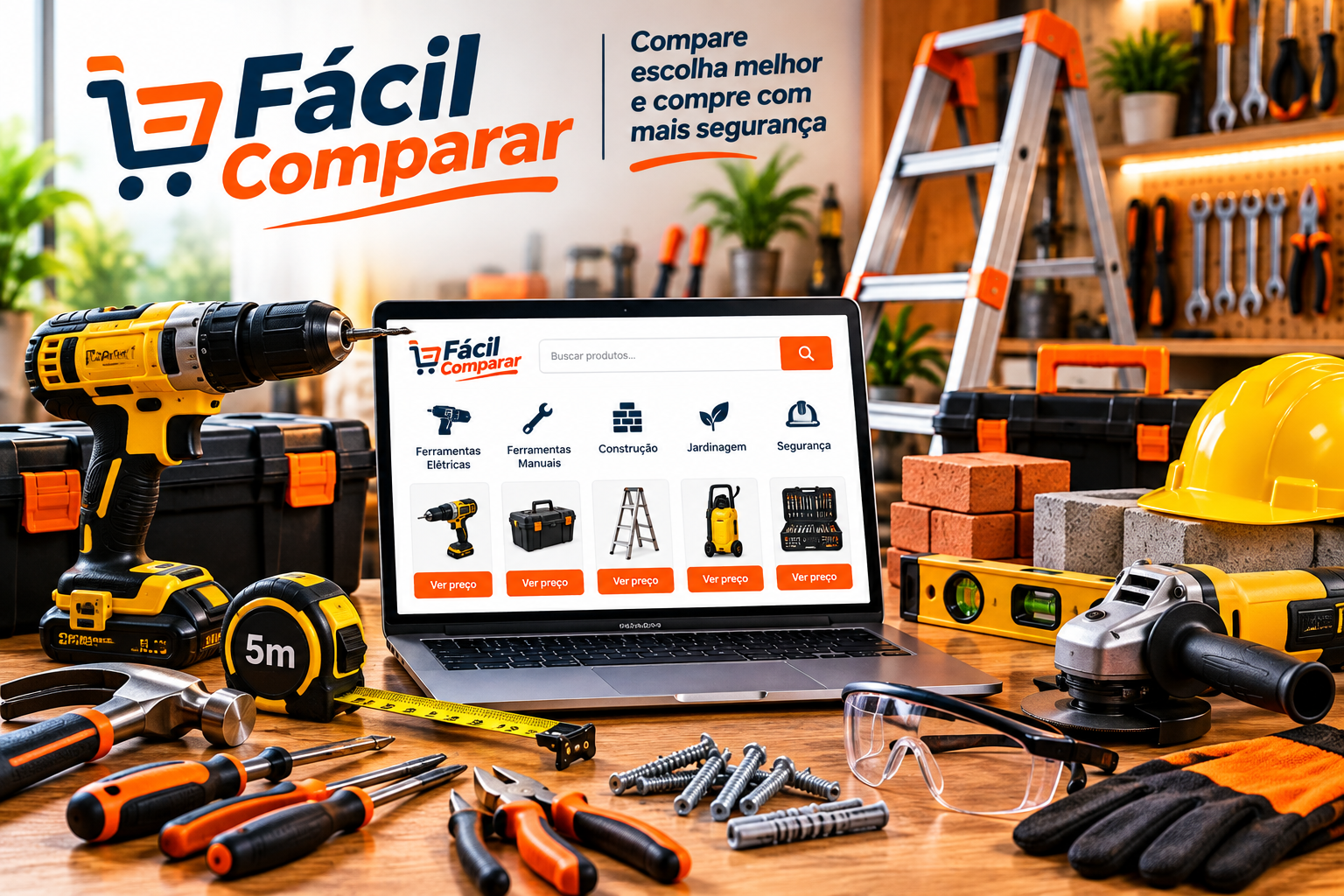 Imagem do Fácil Comparar com furadeira, parafusadeira, escada, ferramentas manuais, esmerilhadeira e equipamentos de construção.