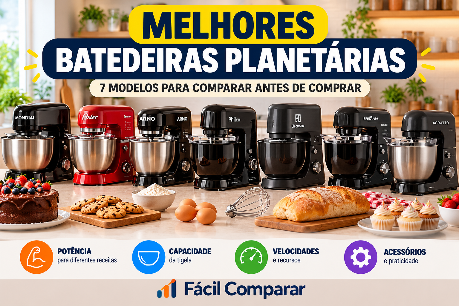 Ilustração comparativa de sete batedeiras planetárias para cozinha, destacando potência, capacidade, velocidades e acessórios.
