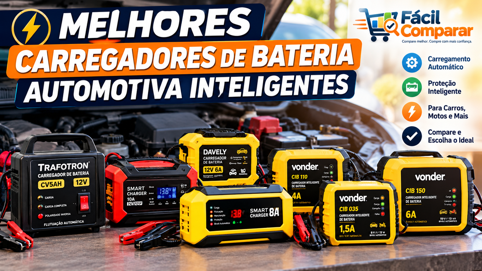 Melhores carregadores de bateria automotiva inteligentes com modelos Trafotron, Smart Charger, Davely e Vonder