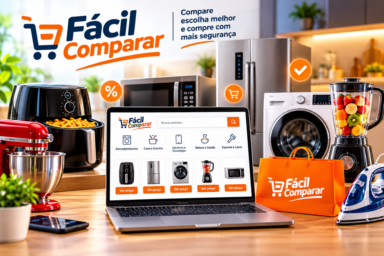 Imagem do Fácil Comparar com geladeira, máquina de lavar, air fryer, micro-ondas, liquidificador e outros eletrodomésticos para comparação de produtos.