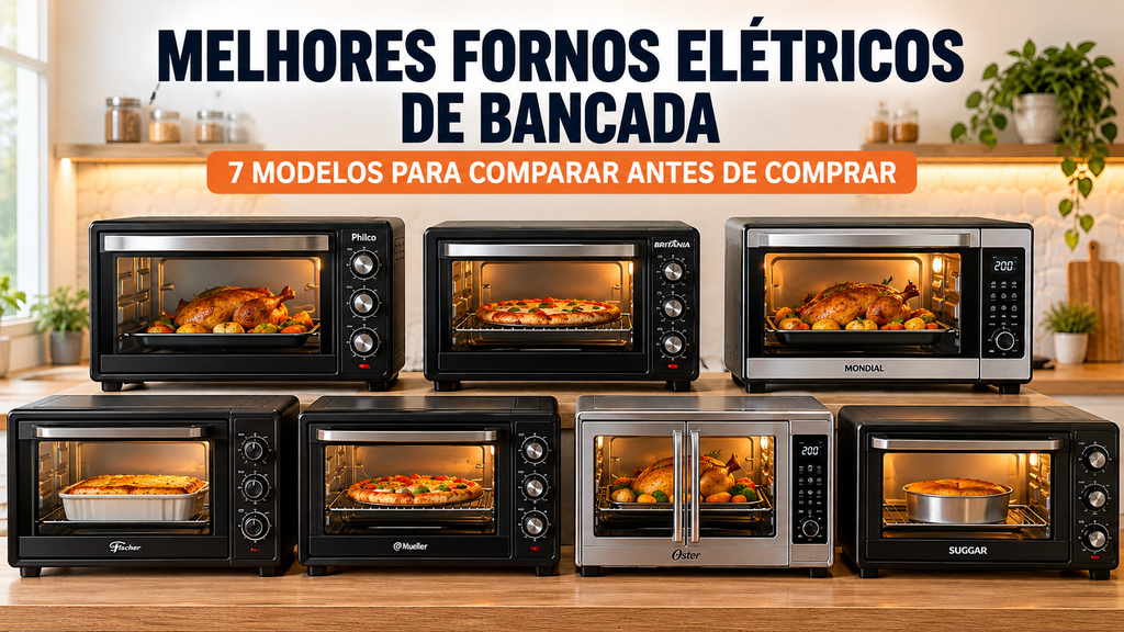 Ilustração comparativa dos melhores fornos elétricos de bancada com sete opções para diferentes necessidades na cozinha.