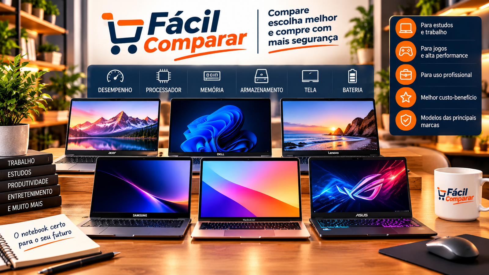 Comparativo de notebooks de diferentes marcas para trabalho, estudos e jogos com a identidade visual do Fácil Comparar