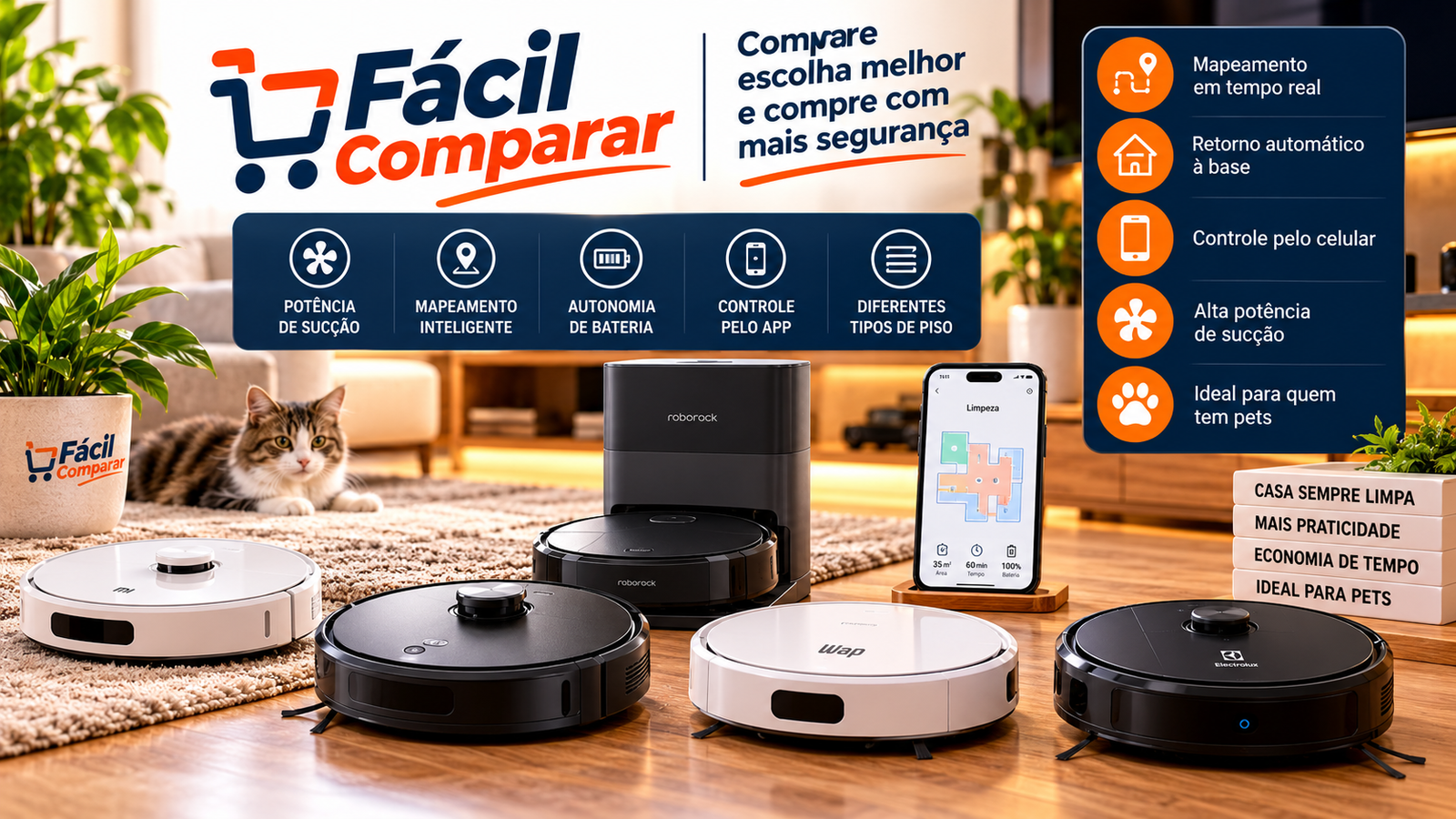 Comparativo de robôs aspiradores com diferentes recursos de sucção, mapeamento e autonomia, com a identidade visual do Fácil Comparar
