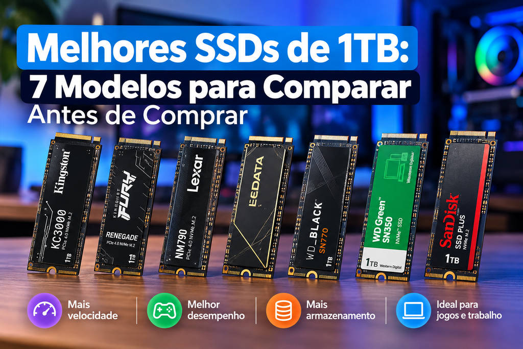 Imagem ilustrativa de sete SSDs M.2 NVMe de 1TB em comparativo para computadores e notebooks.