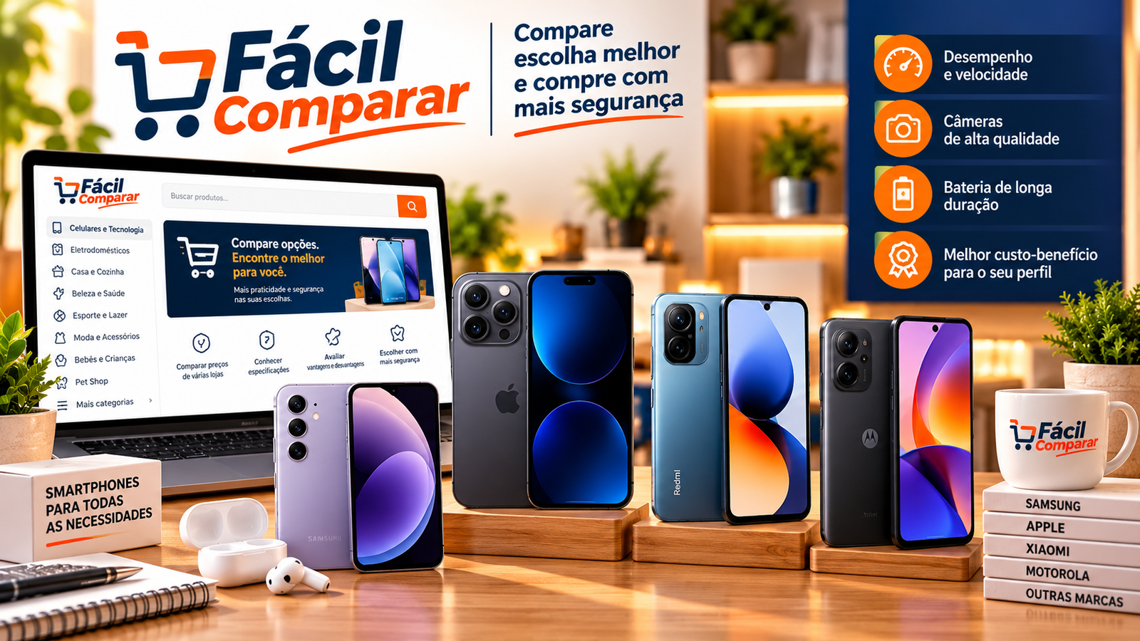 Comparativo de smartphones de diferentes marcas com a identidade visual do Fácil Comparar