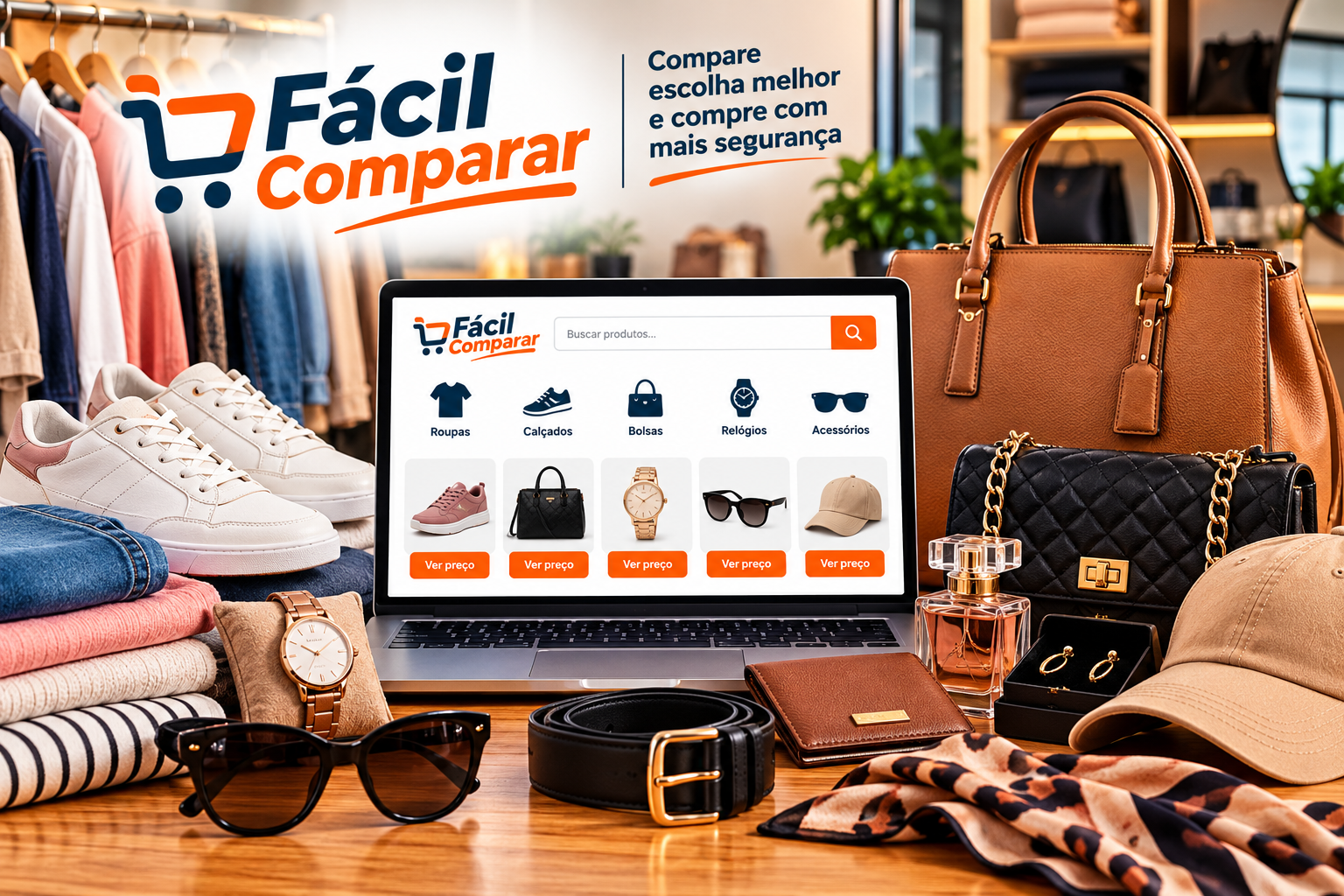 Imagem do Fácil Comparar com roupas, tênis, bolsas, relógios, óculos de sol e acessórios de moda para comparar diferentes produtos.