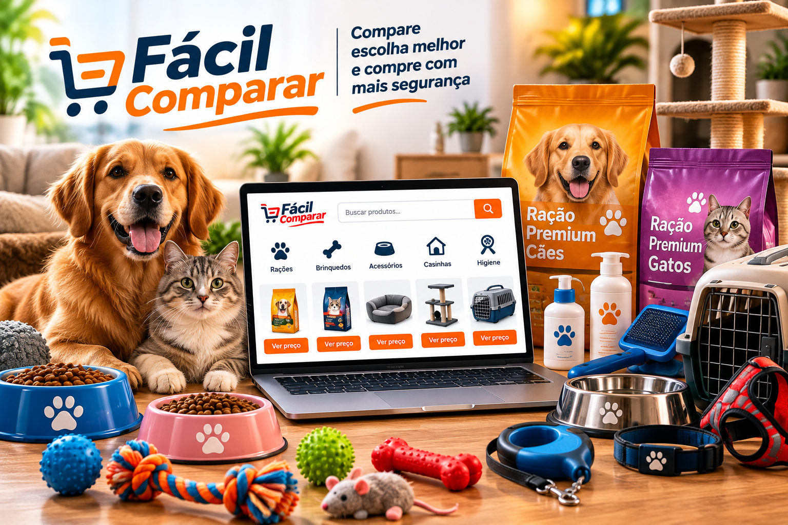 Imagem do Fácil Comparar com cachorro, gato, rações, brinquedos, comedouros e acessórios para pets, representando comparativos de produtos Pet Shop.