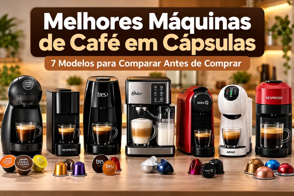 Ilustração comparativa de sete máquinas de café em cápsulas, com diferentes modelos e sistemas de preparo