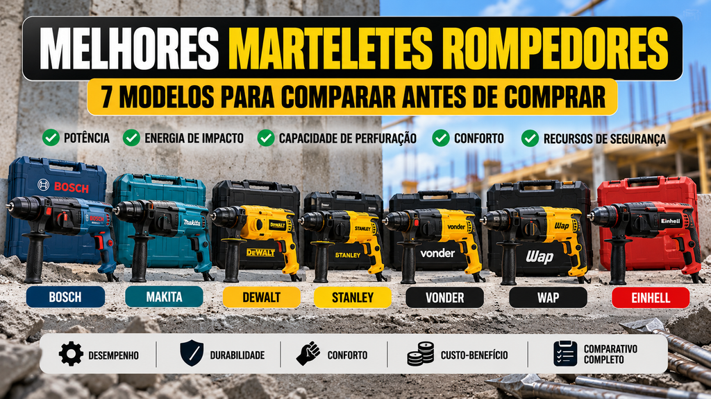 Melhores marteletes rompedores de marcas como Bosch, Makita, DeWalt, Stanley, Vonder e WAP para comparar antes de comprar.